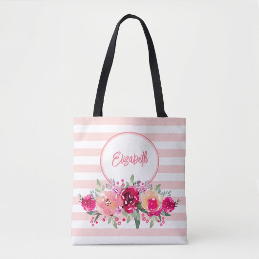 Waterkleur Bloemen op Roze Strepen Monogram Tote T Tote Bag (Voorkant)