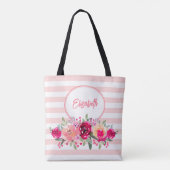 Waterkleur Bloemen op Roze Strepen Monogram Tote T Tote Bag (Achterkant)