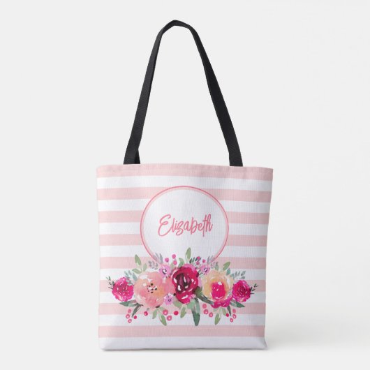 Waterkleur Bloemen op Roze Strepen Monogram Tote T Tote Bag (Achterkant)