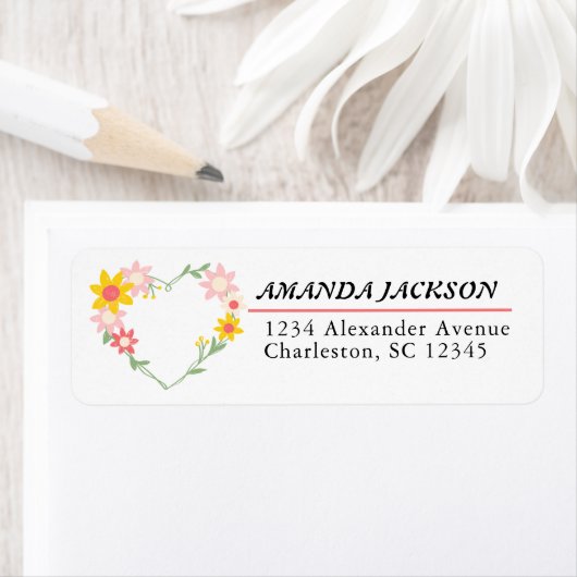 Waterkleur Bloemen Surround Hart Vorm Etiket (Insitu)