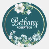 Waterkleur bloemmotief met goud folie accent geper ronde sticker (Voorkant)