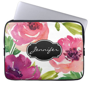 Waterkleur Bloemmotief met Monogram Laptop Sleeve