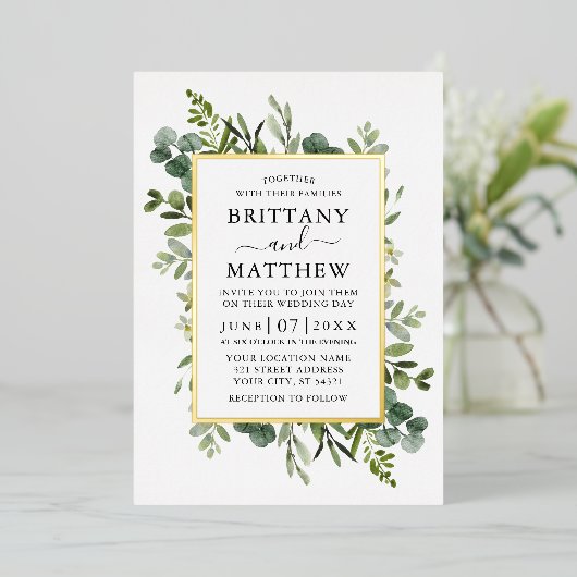 Waterkleur Botanische Groene Foto Bruiloft Goud Folie Uitnodiging (Staand Voorkant)