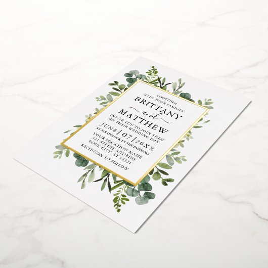 Waterkleur Botanische Groene Foto Bruiloft Goud Folie Uitnodiging (Gedraaid)