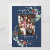 Waterkleur Botanische Groene Foto Navyblauw Feestdagenkaart (Voorkant)