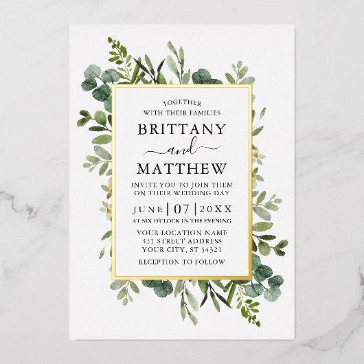 Waterkleur Botanische Groene Huwelijk Goud Folie Uitnodiging (Voorkant)