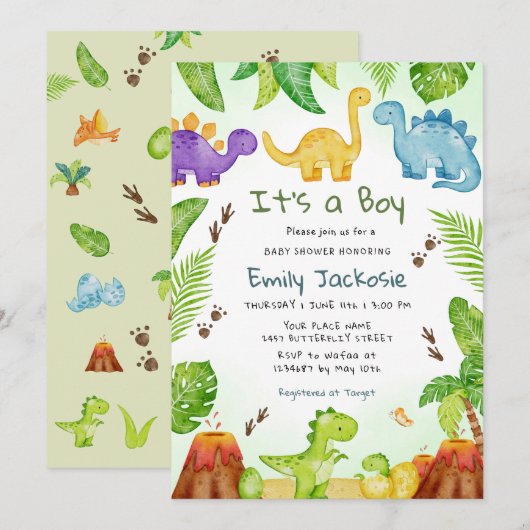 Waterkleur Cute Boho Dinosaur Groene Jongen Baby Kaart (Voorkant / Achterkant)