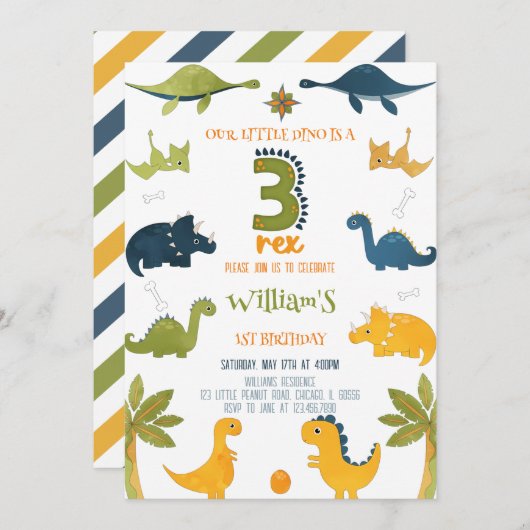 Waterkleur Dinosaur Drie Rex 3e Verjaardag Kaart (Voorkant / Achterkant)