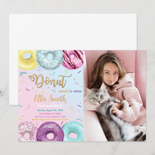 Waterkleur Donut Foto Uitnodiging (Voorkant / Achterkant)