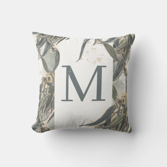 Waterkleur Eucalyptusbladeren Groene Monogram  Kussen (Voorkant)