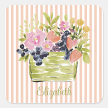 Waterkleur Fruit- en Bloemenmand op Strepen