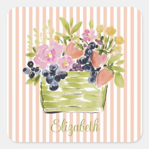 Waterkleur Fruit- en Bloemenmand op Strepen Vierkante Sticker