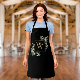 Waterkleur Groene Bladeren Zwart Goud Monogram Schort