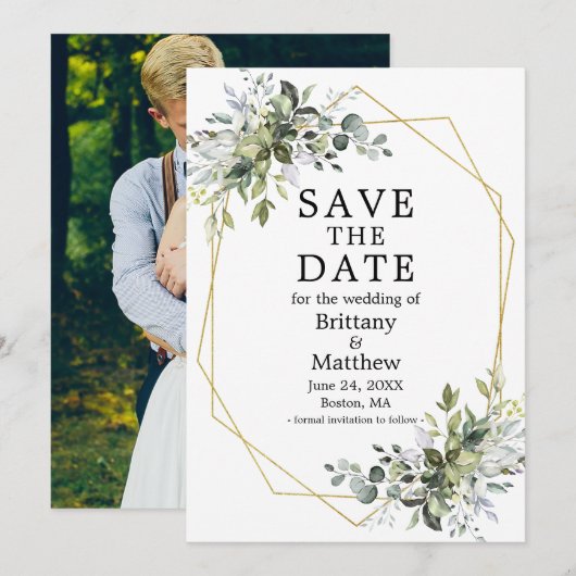 Waterkleur Groene Goud Geometrisch Frame Foto Save The Date (Voorkant / Achterkant)
