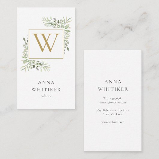 Waterkleur Groene Goud Monogram Professioneel Visitekaartje (Voorkant / Achterkant)