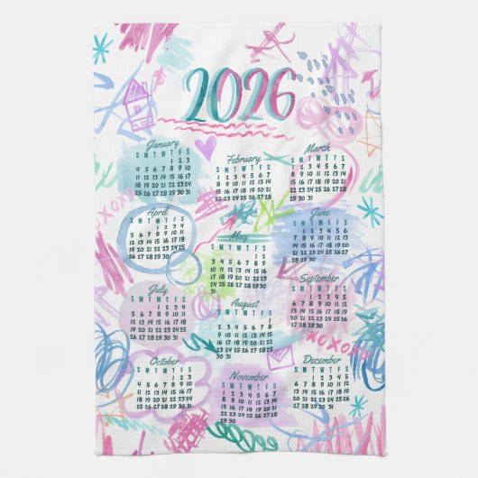 Waterkleur Krabbels Kalender Theedoek 2026 (Verticaal)