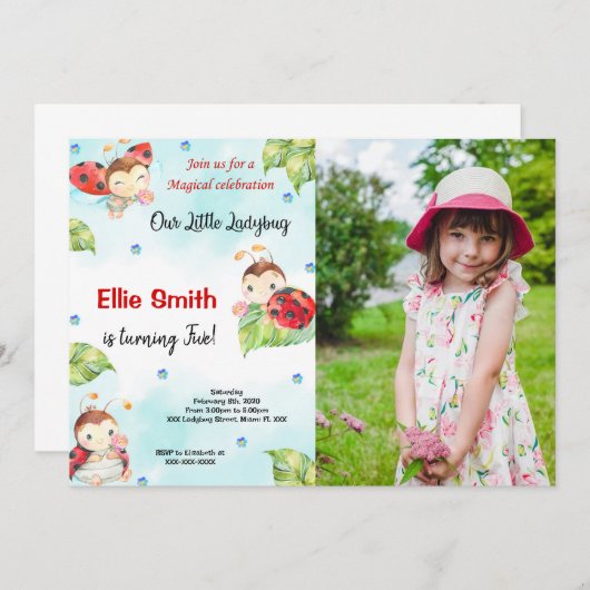 Waterkleur Ladybug Foto uitnodiging (Voorkant / Achterkant)