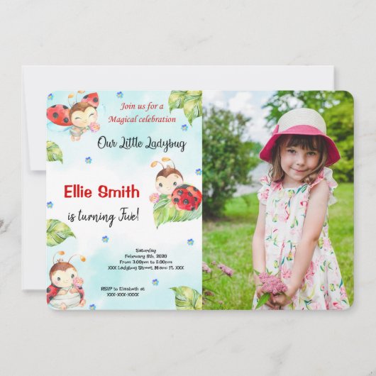 Waterkleur Ladybug Foto uitnodiging (Voorkant)