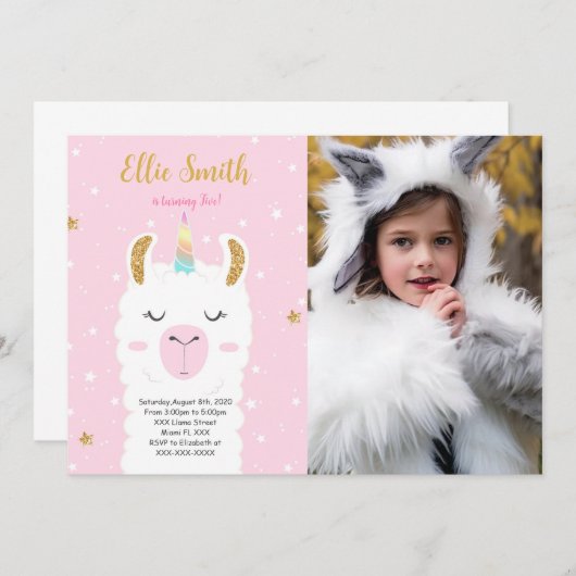 Waterkleur Llama Foto uitnodiging (Voorkant / Achterkant)