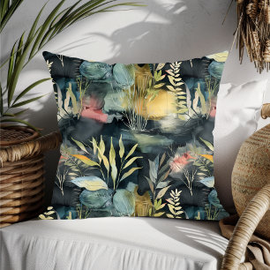 Waterkleur Loofwerk Zwart Roze Geel Abstract Kussen