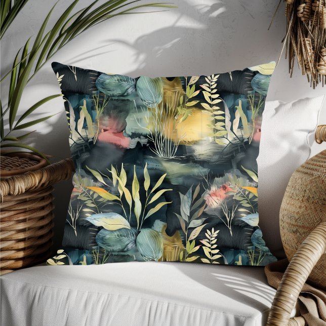 Waterkleur Loofwerk Zwart Roze Geel Abstract Kussen (Creator heeft geüpload)