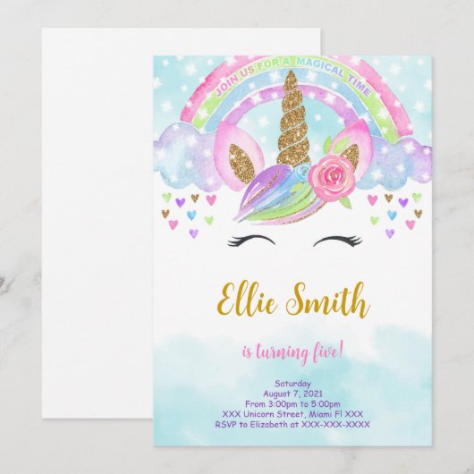 Waterkleur Magische Eenhoorn Uitnodiging (Voorkant / Achterkant)
