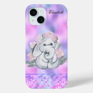 Waterkleur Olifant Bloemen Holografisch iPhone 15 Case
