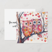 Waterkleur Patchwork Uil Paar Valentijnsdag Feestdagenkaart (Voorkant / Achterkant)