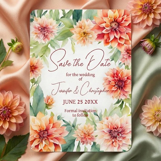 Waterkleur Perzik & Terracotta Oranje Dahlia Bloem Save The Date