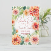 Waterkleur Perzik & Terracotta Oranje Dahlia Bloem Save The Date (Staand voorkant)