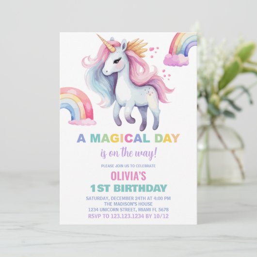 Waterkleur Rainbow Unicorn Verjaardag Uitnodiginge Kaart (Staand voorkant)