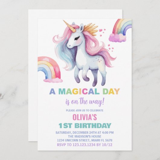 Waterkleur Rainbow Unicorn Verjaardag Uitnodiginge Kaart (Voorkant / Achterkant)