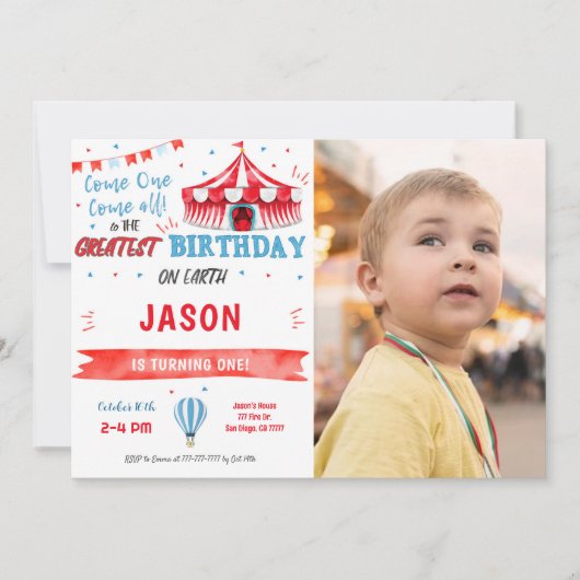 Waterkleur Rood & Blauw Circus Fotouitnodiging Kaart (Voorkant)
