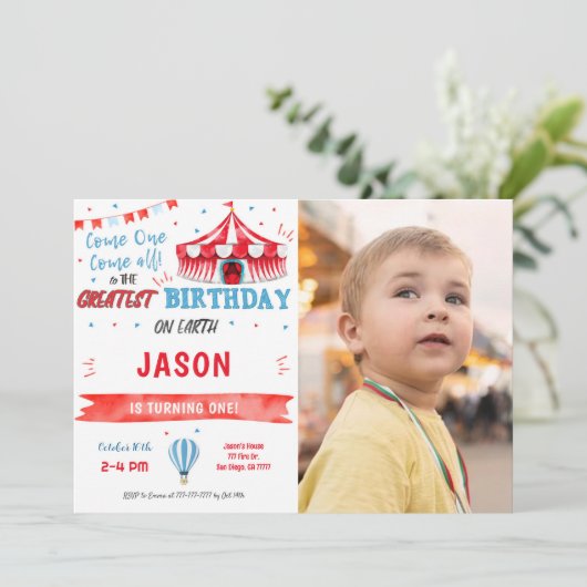 Waterkleur Rood & Blauw Circus Fotouitnodiging Kaart (Staand voorkant)