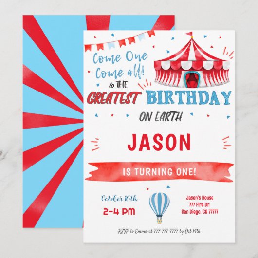 Waterkleur Rood & Blauw Circus Uitnodiging (Voorkant / Achterkant)