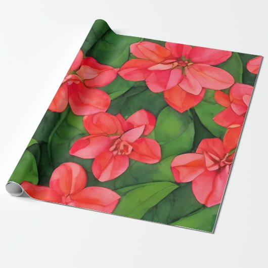 Waterkleur rood Ixora coccinea geïnspireerd Cadeaupapier (Uitgerold)