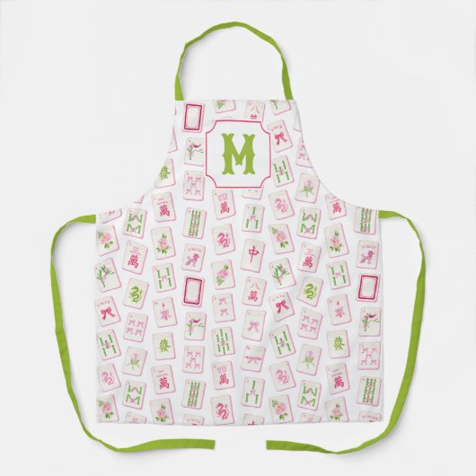 Waterkleur Roze & Groene Strik Mahjong Tegels Init Schort (Voorkant)