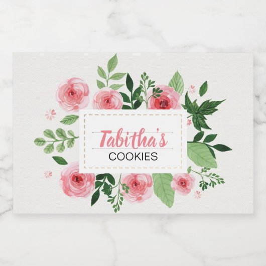 Waterkleur Roze Rozen Cookie Voedselcontainer Etiket (Enkel label)