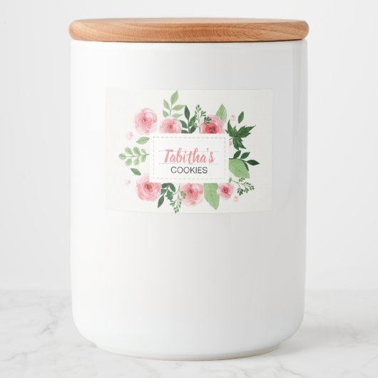 Waterkleur Roze Rozen Cookie Voedselcontainer Etiket (Voorkant)