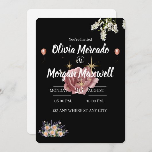 Waterkleur roze wilde bloem Bloemen zwart bruiloft Kaart (Voorkant / Achterkant)