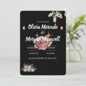 Waterkleur roze wilde bloem Bloemen zwart bruiloft Kaart (Staand voorkant)