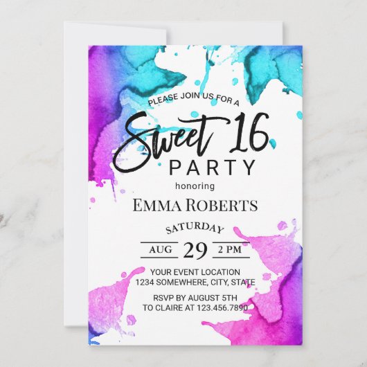 Waterkleur Spetter Elegante Typografie Sweet 16 Kaart (Voorkant)