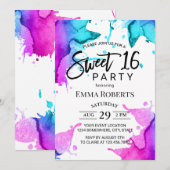 Waterkleur Spetter Elegante Typografie Sweet 16 Kaart (Voorkant / Achterkant)