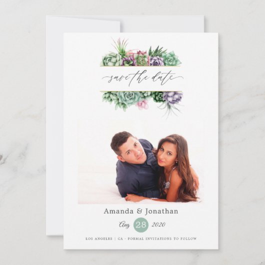 Waterkleur Succulenten Planten Foto Bruiloft Save The Date (Voorkant)
