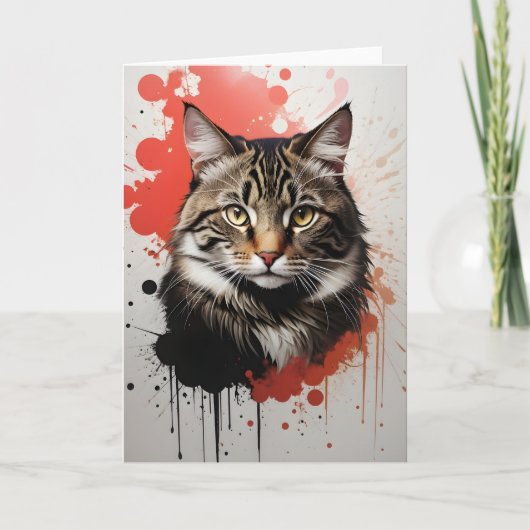 Waterkleur Tabby Kat Spat Kunst Rood en Zwart Kaart (Voorkant)