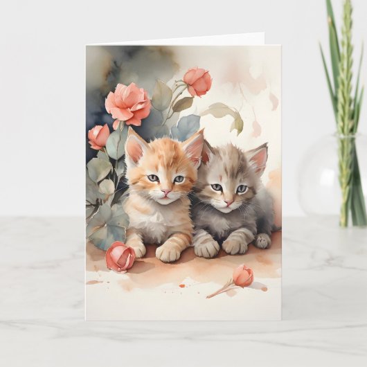 Waterkleur Tabby Kittens Knuffelen met Bloemen Bla Kaart (Voorkant)