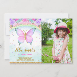 Waterkleur Vlinder Verjaardag Foto uitnodiging