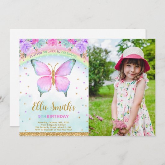 Waterkleur Vlinder Verjaardag Foto uitnodiging (Voorkant / Achterkant)