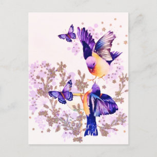Waterkleur Vogels Bloemig Paars Glitters Feestdagenkaart
