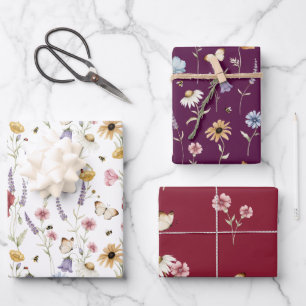 Waterkleur Weide Bloemen Vlinders Bijen Ontwerp Inpakpapier Vel